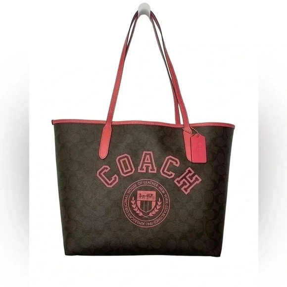 Coach City Tote Large Brown Signature Canvas Varsity Motif Watermelon Pink Trim - Picture 1 of 17